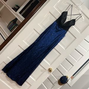 Black and blue criss cross prom dress